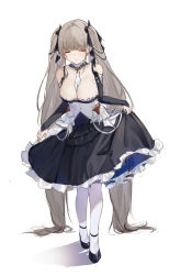 Rule 34 | 1girl, absurdly long hair, absurdres, azur lane, black dress, black footwear, black sleeves, blunt bangs, breasts, closed eyes, curtsey, detached sleeves, dress, flantia, formidable (azur lane), frilled dress, frills, grey hair, highres, large breasts, long hair, maid, solo, thighhighs, twintails, very long hair, white thighhighs