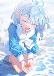 Rule 34 | 1girl, animal, arona (blue archive), blue archive, blue hair, blue halo, blush, braid, closed eyes, colored inner hair, crab, halo, highres, long sleeves, multicolored hair, open mouth, pink hair, puffy long sleeves, puffy sleeves, ruien (wu jui-en), sailor collar, short hair, single braid, skirt, smile, solo, white sailor collar, white skirt