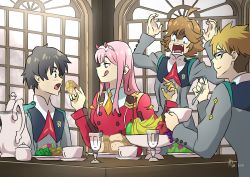 Rule 34 | 10s, 1boy, 1girl, 3boys, absurdres, ahoge, apple, bad id, bad twitter id, banana, black hair, blonde hair, blue eyes, blush, bread, brown hair, closed eyes, commentary, cup, darling in the franxx, drinking glass, english commentary, food, fruit, fruit bowl, glasses, gold trim, gorou (darling in the franxx), grapes, green eyes, hair ornament, hairband, highres, hiro (darling in the franxx), holding, holding cup, holding food, holding spoon, honey, horns, lipstick, long hair, long sleeves, makeup, military, military uniform, multiple boys, necktie, oni horns, open mouth, orange neckwear, pear, pink hair, plate, red horns, red neckwear, saucer, sharing food, short hair, signature, spoon, sugar bowl, table, teacup, teapot, teeth, tongue, tongue out, uniform, white hairband, wightricealex, zero two (darling in the franxx), zorome (darling in the franxx)