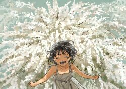 Rule 34 | 1girl, absurdres, bare arms, black hair, closed eyes, commentary request, day, dress, flower, highres, long hair, myango (applemangocrape), open mouth, original, outdoors, outstretched arms, sleeveless, sleeveless dress, smile, solo, tree, upper body, white dress, white flower