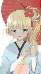 Rule 34 | 1girl, ansu (south3927), blonde hair, blunt bangs, flower, gosick, green eyes, hair flower, hair ornament, hair stick, japanese clothes, kanzashi, kimono, long hair, looking at viewer, obi, oil-paper umbrella, parted lips, sash, simple background, sketch, solo, tsurime, umbrella, upper body, very long hair, victorica de blois, white background