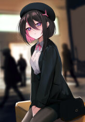 Rule 34 | 1girl, absurdres, alternate costume, azki (hololive), beret, black hair, black hat, black jacket, black pantyhose, blush, bob cut, breasts, closed mouth, colored inner hair, commentary, hair between eyes, hat, highres, hololive, jacket, long sleeves, looking at viewer, medium breasts, multicolored hair, open clothes, open jacket, outdoors, pantyhose, pink hair, purple eyes, rifufu, shirt, short hair, short hair with long locks, sidelocks, sitting, solo, streaked hair, two-tone hair, virtual youtuber, white shirt, women&#039;s wallet