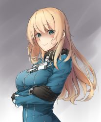 Rule 34 | 10s, 1girl, ascot, atago (kancolle), black gloves, blonde hair, blush, breasts, commentary request, crossed arms, enosan, eyes visible through hair, gloves, gradient background, green eyes, highres, kantai collection, large breasts, light brown hair, long hair, long sleeves, looking at viewer, revision, shaded face, simple background, smile, solo, upper body