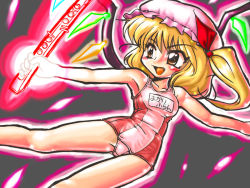 Rule 34 | 1girl, armpits, blonde hair, breasts, brown eyes, electric wind instrument, fang, female focus, flandre scarlet, hat, instrument, mob cap, name tag, one-piece swimsuit, open mouth, pink one-piece swimsuit, red one-piece swimsuit, school swimsuit, side ponytail, small breasts, solo, swimsuit, touhou, wings, winn