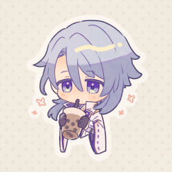 Rule 34 | 1boy, arm guards, black gloves, blue hair, blush, brown background, bubble tea, chibi, commentary request, cropped torso, cup, disposable cup, drinking, drinking straw, drinking straw in mouth, flower (symbol), genshin impact, gloves, gold trim, hair between eyes, hands up, holding, holding cup, jacket, japanese clothes, kamisato ayato, kimono, koma (km mmmk), lapels, long sleeves, male focus, medium hair, mole, mole under mouth, open clothes, open jacket, outline, parted bangs, polka dot, polka dot background, purple eyes, ribbon-trimmed sleeves, ribbon trim, simple background, solo, swept bangs, upper body, white jacket, white outline, wide sleeves