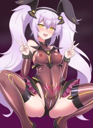 Rule 34 | 1girl, :p, alternate eye color, animal ears, azur lane, bar censor, bare shoulders, blush, breasts, budesonide, censored, corruption, covered navel, dark persona, double v, heart, high heels, highleg, highleg leotard, highres, laffey (azur lane), leotard, long hair, medium breasts, nipples, open mouth, rabbit ears, saliva, see-through, siren (azur lane), solo, spread legs, tears, thighs, tongue, tongue out, twintails, v, white hair, yellow eyes
