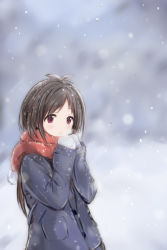 Rule 34 | 1girl, antenna hair, blush, breath, breathing, breathing on hands, brown hair, clenched hands, coat, enpera, hands up, idolmaster, idolmaster cinderella girls, long hair, long sleeves, looking at viewer, mittens, nannacy7, outdoors, own hands together, parted bangs, red eyes, red scarf, scarf, snow, snowflakes, snowing, solo, standing, tsujino akari, upper body, winter clothes, winter coat