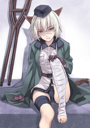 Rule 34 | 1girl, animal ears, bad id, bandages, black panties, cameltoe, crutch, garrison cap, gloves, green eyes, hanna rudel, hat, highres, matsuryuu, military, military uniform, panties, scar, silver hair, sitting, solo, strike witches, strike witches: suomus misfits squadron, underwear, uniform, world witches series