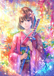 Rule 34 | 1girl, brown eyes, brown hair, bug, butterfly, closed mouth, colorful, day, flower, hair flower, hair ornament, holding, insect, japanese clothes, katana, kimono, light rays, lips, long sleeves, looking at viewer, obi, original, petals, pink flower, pink kimono, sakimori (hououbds), sash, sheath, sheathed, short hair, smile, solo, sunbeam, sunlight, sword, tareme, upper body, weapon, wide sleeves