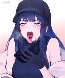 Rule 34 | 1girl, absurdres, artist name, bare shoulders, baseball cap, black gloves, black hair, black hat, black mask, black shirt, blue archive, blue eyes, blunt bangs, blush, breasts, candy, chocolate, chocolate heart, coat, commentary, english commentary, food, food in mouth, gloves, gradient background, hand up, hat, heart, highres, holding, holding mask, long hair, mask, medium breasts, melting, mouth mask, off shoulder, open mouth, pink background, saori (blue archive), shirt, sidelocks, sleeveless, sleeveless shirt, solo, steam, teeth, tongue, tongue out, unworn mask, upper body, upper teeth only, white background, white coat, y0ung