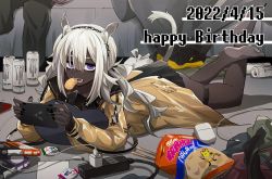 Rule 34 | 1girl, airpods, animal ear fluff, animal ears, arknights, barefoot, bed, black dress, black nails, can, cellphone, chips (food), dark-skinned female, dark skin, dated, dress, drink can, eating, electrical outlet, feet up, food, full body, happy sex, holding, holding phone, horse ears, horse girl, horse tail, iwashi 80, jacket, long hair, long sleeves, looking at viewer, lying, messy room, mouth hold, nail polish, on floor, on stomach, open clothes, open jacket, open mouth, originium slug (arknights), phone, pillow, purple eyes, short dress, silver hair, smartphone, soda can, solo, tail, teeth, the pose, thigh strap, tuye (arknights), wireless earphones, yellow jacket