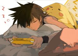 Rule 34 | 1boy, black shirt, black wristband, brown hair, commentary, creatures (company), closed eyes, game freak, gen 1 pokemon, holding, lying, male focus, nintendo, on stomach, parted lips, pikachu, pillow, pokemon, pokemon (creature), pokemon adventures, pokemon on back, red (pokemon), sakanobo (sushi1021), shirt, short hair, sleeping, sleeveless, sleeveless shirt, spiked hair, wristband, zzz