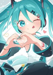 1girl 39 421ooouy :p absurdres aqua_eyes aqua_hair bare_shoulders blue_eyes blue_hair blue_nails blush bracelet detached_sleeves hair_between_eyes hair_ornament hairclip hatsune_miku heart heart_hands heart_on_cheek highres jewelry letter_hair_ornament long_hair looking_at_viewer miku_day necktie one_eye_closed shirt skirt smile solo spring_onion sticker_on_arm thighhighs tongue tongue_out twintails very_long_hair vocaloid