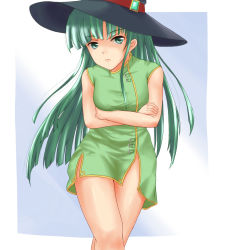 Rule 34 | 1girl, china dress, chinese clothes, crossed arms, dress, green dress, green eyes, green hair, hat, leaning forward, long hair, looking at viewer, ma nade, masou shizuka, rance (series), short dress, side slit, solo, very long hair, witch hat