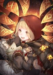 Rule 34 | 1girl, :d, black jacket, blonde hair, book, closed mouth, hair between eyes, highres, holding, holding book, jacket, long hair, long sleeves, looking at viewer, open clothes, open mouth, red hood, red riding hood (sinoalice), sinoalice, smile, solo, teeth, teroru, yellow eyes