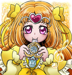 Rule 34 | 10s, 1girl, blowing, bow, brooch, circlet, cokata, cure muse, cure muse (yellow), frills, hair bow, heart, jewelry, long hair, magical girl, orange hair, pink eyes, precure, shirabe ako, smile, solo, suite precure, treble clef, twitter username, upper body, yellow background, yellow bow