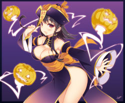 Rule 34 | 1girl, :d, black hair, blush, border, bottomless, braid, breasts, cleavage, fang, gradient background, groin, hat, jack-o&#039;-lantern, jiangshi, kayou (kayou-bi), large breasts, long hair, looking at viewer, no panties, ofuda, open mouth, original, outstretched arm, purple background, qingdai guanmao, red eyes, signature, smile, solo, twin braids, wide hips