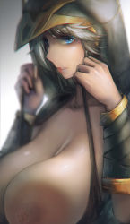 Rule 34 | 1girl, ashe (league of legends), blue eyes, breasts, breasts out, cleavage, close-up, female focus, highres, hood, huge breasts, large breasts, league of legends, md5 mismatch, nipples, parted lips, resolution mismatch, sky of morika, solo, strap lift, upper body, vambraces, white hair