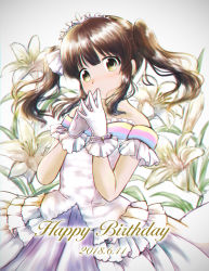 Rule 34 | 1girl, absurdres, bare shoulders, blush, brown eyes, brown hair, chromatic aberration, commentary, dated, detached sleeves, dress, flower, gloves, happy birthday, highres, idolmaster, idolmaster cinderella girls, lily (flower), long hair, looking at viewer, ogata chieri, own hands together, ribbon, simple background, solo, steepled fingers, tiara, twintails, urota shimapann, white dress, white gloves, wrist ribbon