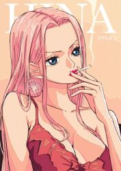 Rule 34 | 1girl, blue eyes, character name, cigarette, cream background, dress, highres, hina (one piece), looking to the side, one piece, pink hair, pink lips, red dress, sherumaru (korcht06), sidelocks, simple background, smoke, solo, upper body