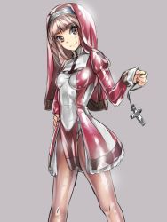 Rule 34 | 1girl, blush, breasts, brown hair, brown pantyhose, capelet, closed mouth, cross, from side, fumi11gou, grey background, habit, hand on own hip, head tilt, holding, juliet sleeves, latex, legs apart, leotard, light smile, long sleeves, looking at viewer, nun, original, outstretched arm, pantyhose, pelvic curtain, puffy sleeves, red eyes, shiny clothes, silver hair, simple background, sketch, skin tight, sleeves past wrists, small breasts, smile, solo, turtleneck, unzipped, zipper, zipper pull tab