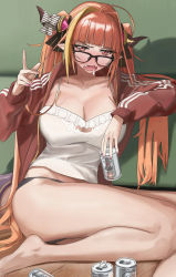 Rule 34 | 1girl, absurdres, ahoge, alcohol, bare legs, barefoot, beer, beer can, black-framed eyewear, black panties, black ribbon, blonde hair, blunt bangs, blush, bow, breasts, camisole, can, cleavage, collarbone, commentary, diagonal-striped bow, dragon girl, dragon horns, dragon tail, drink can, drooling, drunk, english commentary, fang, foot out of frame, frilled camisole, frills, full-face blush, glasses, hair intakes, hair ribbon, highres, holding, holding can, hololive, hood, hood down, hooded track jacket, horn bow, horn ornament, horns, jacket, kiryu coco, kiryu coco (loungewear), large breasts, legs, long hair, long sleeves, looking at viewer, multicolored hair, nail polish, no pants, official alternate costume, open clothes, open jacket, open mouth, orange eyes, orange hair, panties, pink nails, pointy ears, red jacket, ribbon, sitting, skin fang, spaghetti strap, streaked hair, striped, striped bow, tail, thighs, track jacket, twintails, underwear, virtual youtuber, white camisole, wooden floor, xiaoju xiaojie