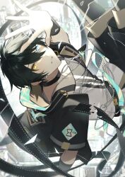Rule 34 | 1boy, absurdres, aleo, aqua eyes, black choker, black hair, choker, commentary request, earrings, ensemble stars!, film strip, glass shards, hair between eyes, heterochromia, highres, hourglass, jacket, jewelry, kagehira mika, looking afar, male focus, necklace, official alternate costume, open clothes, open jacket, outstretched arm, outstretched hand, parted lips, short hair, short sleeves, solo, wristband, yellow eyes