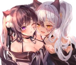 Rule 34 | 2girls, animal ears, artist request, black choker, black jacket, black ribbon, black shirt, blush, breasts, brown hair, butterfly tattoo, cat ears, cat girl, choker, cleavage, commission, facial tattoo, gradient hair, grey hair, hair between eyes, hair ornament, hair ribbon, highres, holding hands, jacket, large breasts, long hair, long sleeves, looking at another, multicolored hair, multiple girls, off-shoulder shirt, off shoulder, one eye closed, open mouth, original, parted lips, pink eyes, pom pom (clothes), pom pom hair ornament, ponytail, ribbon, second-party source, shirt, simple background, sleeveless, sleeveless shirt, slit pupils, sul-lin-a, tattoo, twintails, upper body, white background, white shirt, woo sinbi, yellow eyes