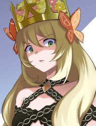 Rule 34 | 1girl, absurdres, bare shoulders, blonde hair, blue background, breasts, celine (fire emblem), commentary request, crown, fire emblem, fire emblem engage, green eyes, hair between eyes, highres, komurice, long hair, looking at viewer, nintendo, parted lips, small breasts, solo, two-tone background, upper body, v-shaped eyebrows, very long hair, white background