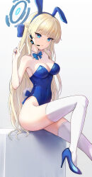 Rule 34 | 1girl, absurdres, animal ears, bare shoulders, blonde hair, blue archive, blue halo, blue leotard, breasts, cleavage, commentary request, fake animal ears, fake tail, fmg, gradient background, grey background, halo, highres, leotard, long hair, looking at viewer, medium breasts, official alternate costume, playboy bunny, rabbit ears, rabbit tail, solo, tail, toki (blue archive), toki (bunny) (blue archive), v