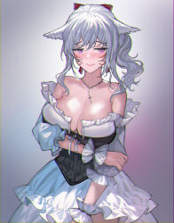 Rule 34 | 1girl, animal ears, bare shoulders, black corset, blush, breasts, cat ears, center opening, cleavage, corset, dress, final fantasy, final fantasy xiv, frilled dress, frilled skirt, frills, grabbing own arm, gradient background, hair ribbon, highres, large breasts, lipstick, makeup, miqo&#039;te, puffy sleeves, purple eyes, red ribbon, ribbon, scrunchie, shy, simple background, skirt, solo, strapless, strapless dress, upper body, vetina, warrior of light (ff14), white dress, wrist scrunchie