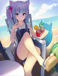 Rule 34 | 1girl, absurdres, animal ears, beach, blue eyes, cat ears, cloud, cloudy sky, cup, day, dethmaid, dutch angle, fins, fish tail, foreshortening, gawr gura, gawr gura (casual), highres, holding, holding cup, hololive, hololive english, horizon, long hair, looking at viewer, multicolored hair, nail polish, one side up, outdoors, sandals, shark tail, silver hair, sitting, sky, smile, solo, streaked hair, tail, toenail polish, toenails, toes, virtual youtuber, water