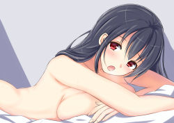 Rule 34 | 1girl, :o, absurdres, black hair, breast press, highres, indoors, kikuzunooka, long hair, looking at viewer, lying, nude, on bed, on stomach, open mouth, red eyes