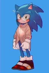 Rule 34 | 1boy, animal ears, animal nose, blue background, blue fur, blush, brown shirt, closed mouth, collared shirt, commentary, english commentary, full body, furry, furry male, gloves, green eyes, hedgehog, hedgehog ears, hedgehog tail, highres, long sleeves, looking at viewer, male focus, red footwear, shirt, shoes, simple background, smile, sneakers, socks, solo, sonic (series), sonic the hedgehog, standing, tail, white gloves, white socks, wing collar, xammyoowah