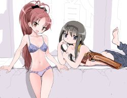 Rule 34 | 2girls, :d, akemi homura, antenna hair, bare arms, bare shoulders, barefoot, black hair, black hairband, black ribbon, bra, breasts, brown eyes, brown hair, butt crack, cleavage, closed mouth, collarbone, commentary request, cowboy shot, denim, expressionless, fang, gun, hair ribbon, hairband, hand on own cheek, hand on own face, handgun, head tilt, jeans, jitome, leg up, long hair, lying, mahou shoujo madoka magica, mahou shoujo madoka magica (anime), multiple girls, on stomach, open mouth, panties, pants, parted bangs, purple bra, purple eyes, purple panties, revolver, ribbon, sakura kyoko, sketch, small breasts, smile, standing, the pose, thigh gap, thighs, topless, toshi (little-fluffy-cloud), underboob, underwear, underwear only, very long hair, weapon, weapon request