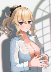 Rule 34 | 1girl, absurdres, black bow, blonde hair, bow, breasts, cleavage, closed mouth, collared shirt, commentary request, dekubaba, genshin impact, hair between eyes, hair bow, highres, jean (genshin impact), large breasts, long hair, long sleeves, looking at viewer, partially unbuttoned, ponytail, shadow, shirt, sidelocks, smile, solo, steepled fingers, sweat, upper body, white shirt