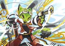 Rule 34 | 1girl, abstract background, animal ears, cat ears, cat tail, corazon tea, dynamic pose, eyelashes, fingerless gloves, freedom planet, freedom planet 2, furry, galaxytrail, gloves, goggles, goggles on head, green eyes, gun, jacket, looking at viewer, official art, open clothes, open jacket, open mouth, pants, piano keys, ship, ship&#039;s wheel, shirt, steering wheel, tail, tyson tan, watercraft, weapon, yellow eyes