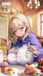 Rule 34 | 1girl, blonde hair, blue bow, blue bowtie, blush, bow, bowtie, breast rest, breasts, breasts on table, brown eyes, claw ring, collared shirt, goddess of victory: nikke, hair ornament, highres, huge breasts, jewelry, looking at viewer, multiple rings, official art, partially unbuttoned, ring, shirt, solo, tia (nikke), white shirt