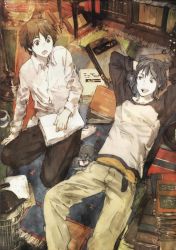 Rule 34 | 2boys, black hair, book, brown eyes, brown hair, highres, indoors, lying, male focus, mouse (animal), multiple boys, nezumi (no.6), no.6, official art, on back, open mouth, shion (no.6), short hair, toi8