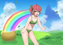 Rule 34 | 1girl, absurdres, belly, bow, bow panties, bra, breasts, cloud, cloudy sky, commission, falling leaves, fuyo cloverfield, grass, green bra, green eyes, green panties, hair ribbon, highres, idol corp, leaf, mountain, navel, panties, rainbow, ribbon, short hair, sky, small breasts, thighs, underwear, underwear only, virtual youtuber