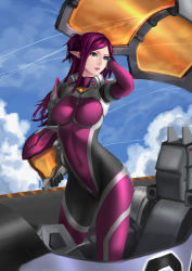 Rule 34 | 10s, 1girl, armor, blue eyes, bodysuit, breasts, canopy, cloud, cockpit, contrail, day, ex-gear, hand in own hair, helmet, highres, large breasts, macross, macross delta, mecha, mirage farina jenius, pilot suit, pointy ears, power suit, purple bodysuit, purple hair, realistic, robot, science fiction, solo, spacesuit, uniform, vf-31, vf-31c, yand