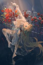 Rule 34 | 1girl, absurdres, barefoot, blonde hair, blood, blood on clothes, blue eyes, bow, breasts, cleavage, collarbone, commentary, crying, crying with eyes open, dress, dress bow, english commentary, fence, film grain, floating hair, flower, full body, hair between eyes, head tilt, highres, impaled, iron fence, ironwork, jyuma, legs, light particles, long hair, long sleeves, looking at viewer, looking back, neck ribbon, original, parted lips, rainbow, red flower, red rose, ribbon, rose, see-through, see-through dress, sleeves past wrists, small breasts, solo, standing, standing on liquid, standing on one leg, tears, tiptoes, very long hair, water, white bow, white dress, white ribbon