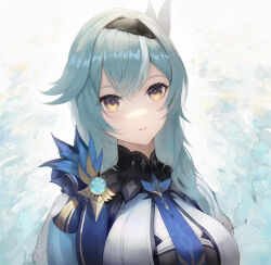 Rule 34 | 1girl, absurdres, black hairband, blue feathers, blue hair, blue necktie, blue ribbon, breasts, cryo symbol (genshin impact), eula (genshin impact), feathers, genshin impact, gold trim, hairband, highres, ice, jumpsuit, large breasts, looking at viewer, medium hair, necktie, ribbon, solo, two-tone shirt, white jumpsuit, yellow eyes, yonesdraws