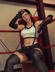 Rule 34 | 1girl, abs, arm guards, bike shorts, black hair, black skirt, black thighhighs, brown eyes, final fantasy, final fantasy vii, final fantasy vii remake, fingerless gloves, gloves, highres, indoors, krystopher decker, long hair, low-tied long hair, midriff, pleated skirt, realistic, shirt, shorts, shorts under skirt, sitting, skirt, sleeveless, solo, square enix, suspender skirt, suspenders, sweat, tank top, taut clothes, taut shirt, thighhighs, tifa lockhart, toned, wet, wet hair, white tank top, wiping forehead