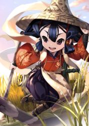 Rule 34 | 1girl, :d, black hair, hat, hoe, holding, open mouth, outdoors, p answer, purple eyes, rice paddy, sakuna-hime, smile, solo, tensui no sakuna-hime