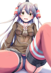 Rule 34 | 10s, 1girl, amatsukaze (kancolle), blue panties, blurry, blush, buttons, choker, clothes lift, depth of field, dress, dress lift, eyebrows, garter straps, grey hair, hair between eyes, hair tubes, highres, kantai collection, lifebuoy, long hair, long sleeves, looking at viewer, maimu (gol-em-1226), open mouth, panties, red thighhighs, sailor collar, short dress, simple background, sitting, smile, solo, striped clothes, striped thighhighs, swim ring, tassel, tears, thighhighs, two side up, underwear, white background, yellow eyes