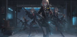 Rule 34 | 5girls, android, assault rifle, eotech, girls&#039; frontline, glowing, glowing eyes, gun, headgear, highres, jacket, kneeling, long hair, looking at viewer, m4 carbine, m4 sopmod ii (girls&#039; frontline), ammunition pouch, mechanical arms, multicolored hair, multiple girls, multiple persona, pantyhose, pink hair, ponytail, red eyes, rifle, scarf, scenery, single mechanical arm, streaked hair, trigger discipline, weapon, xukong