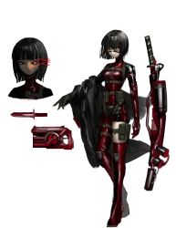 Rule 34 | 1girl, absurdres, asymmetrical clothes, bad id, bad pixiv id, bodysuit, breasts, cyborg, eyepatch, gloves, gun, harness, highres, jacket, knife, looking at viewer, multiple views, narue, original, red eyes, short hair, single thighhigh, small breasts, solo, sword, thighhighs, weapon, white background