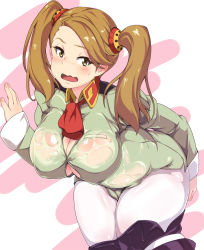 Rule 34 | 10s, 1girl, azu (azzz), blush, breasts, brown hair, gundam, gundam build fighters, gundam build fighters try, highres, large breasts, long hair, looking at viewer, open mouth, pantyhose, sazaki kaoruko, see-through, solo, wavy mouth, wet, wet clothes, yellow eyes