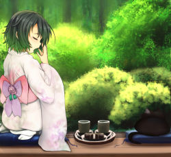 Rule 34 | 1girl, bad id, bad pixiv id, cat, closed eyes, covering own mouth, cup, flower, from behind, ginji74, green hair, highres, japanese clothes, kimono, mug, obi, original, pillow, sash, seiza, short hair, sitting, solo, tabi, tears, yawning